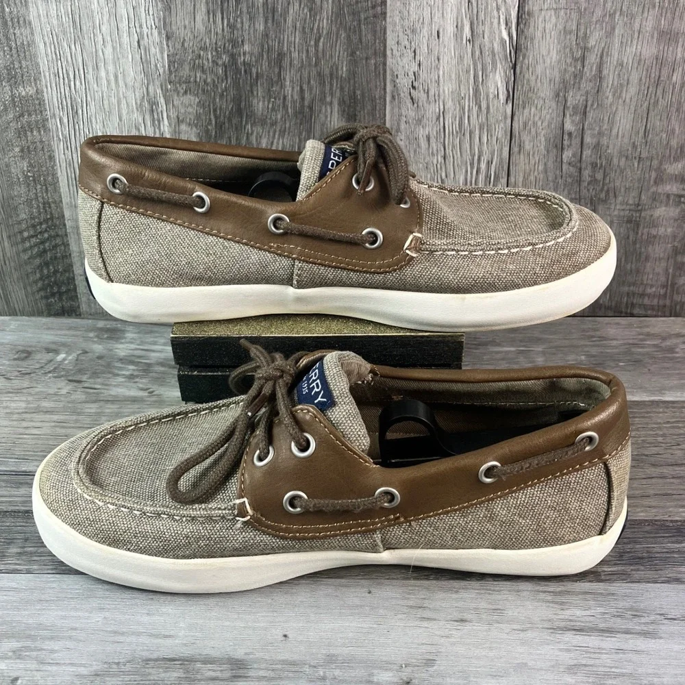 Sperry Top-Sider Tuck Kids Boat Shoes Tan Canvas Brown Trim Memory Foam Size 3M